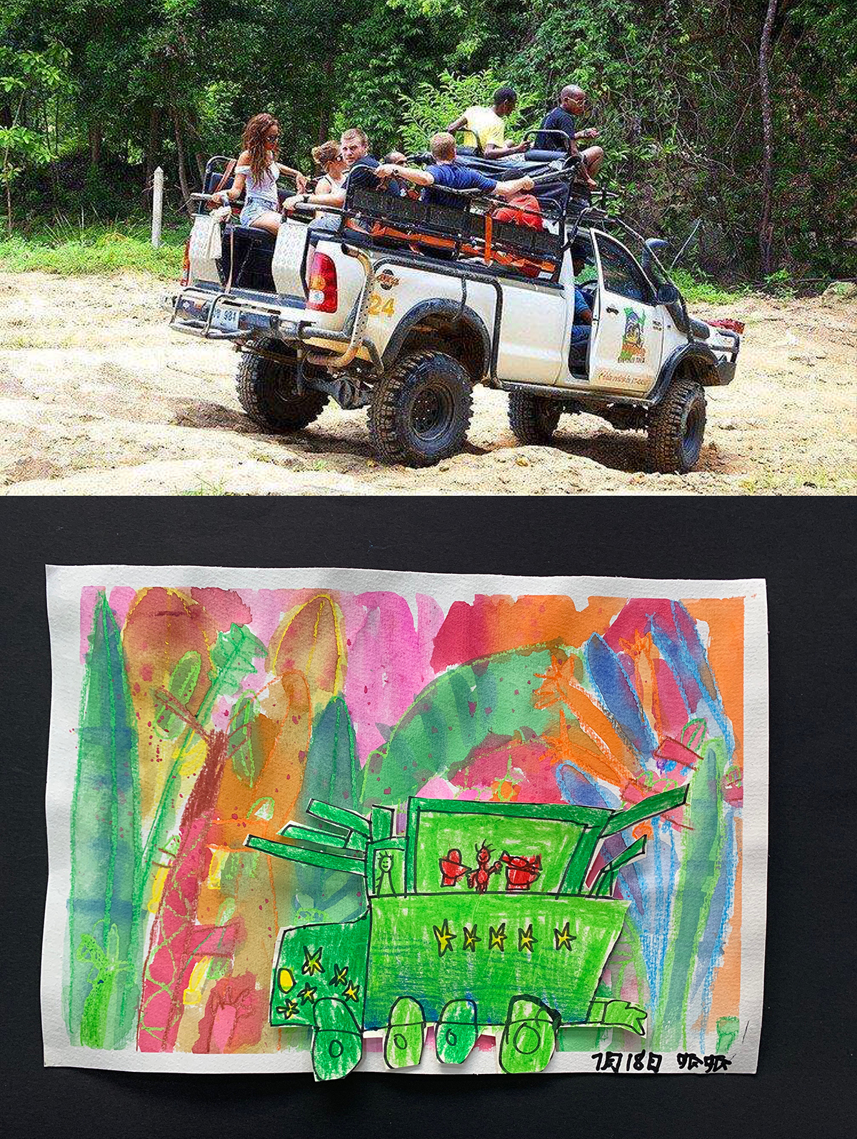 孩子画面中的热带雨林和越野车是这样的！