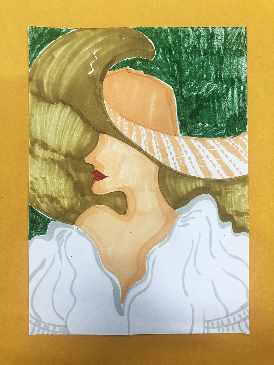 扁平画～戴大沿儿草帽的法国少女